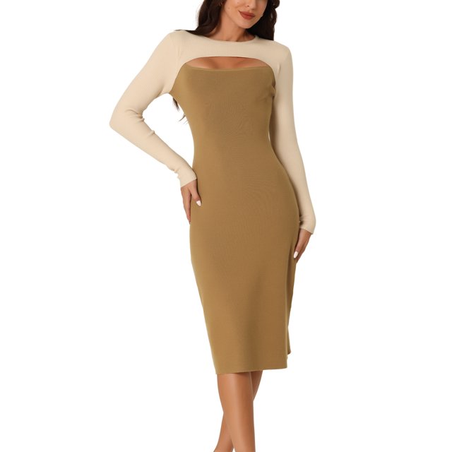 INSPIRE CHIC Robe Midi en Tricot pour Femme 2023 Automne Hiver à Manches Longues, Découpes, Col Rond, Blocs de Couleur, Ourlet Fendu, Beige-Kaki P