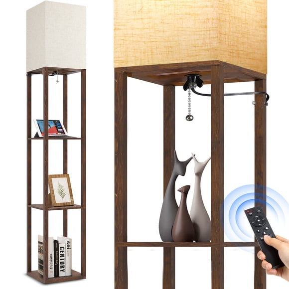 Outon Floor Lamp with Shelves, Linen Shade 63" Memory Function Shelf Lamp with Remote Control, Tall LED Wood Shelf Floor Lamp for Living Room, Bedroom(Vintage)