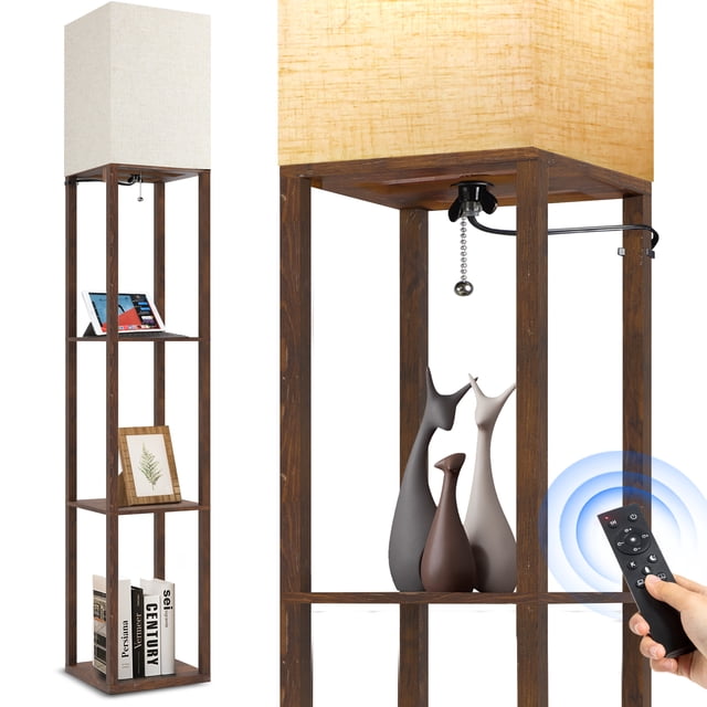 Outon Floor Lamp with Shelves, Linen Shade 63" Memory Function Shelf Lamp with Remote Control, Tall LED Wood Shelf Floor Lamp for Living Room, Bedroom(Vintage)