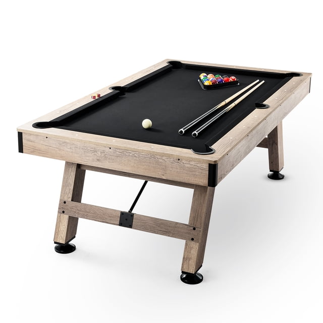 VEVOR Billiards Table, 7 ft Pool Table, Adjust Legs Stable Billiards Table, Pool Table Set Includes Balls, Cues, Chalks and Brush. 7 ft billiard table with black and wood colour finish, thick green playing felt, metal corner protectors and drop pockets, A-leg adjustable support legs, net weight ~222.7 lbs (101 kg) and included accessory pack; often used for home game rooms and family game nights.