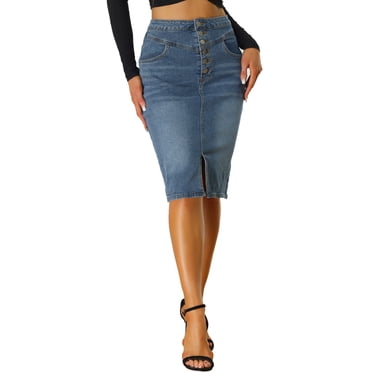Unique Bargains Women's Casual High Waist Front Slit Stretch A-Line Denim Skirt, Blue, S