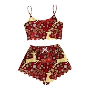 GDREDA Plus Size Pajama Set Women Women's Christmas Reindeer Print Sleeveless Top & Shorts Sleepwear Set 2 Piece Loungewear Pajamas Women Pajama Sets pyjamas Purple,XXL