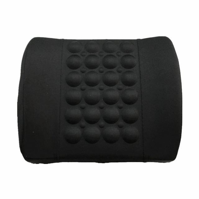 Car Seat Lumbar Support 1Pc Lumbar Massage Car Electric Massage Cushion Lumbar Support, featuring a black cloth leather material with a textured surface of circular massage columns. Designed for car seats, it measures 33x30x10 cm (13x11.8x3.9 in) and includes an elastic band for easy attachment. Equipped with a 55-inch car plug line and a built-in vibration starter for massage functionality, it helps relieve muscle soreness and improve blood circulation. Suitable for long drives or extended sitting periods.