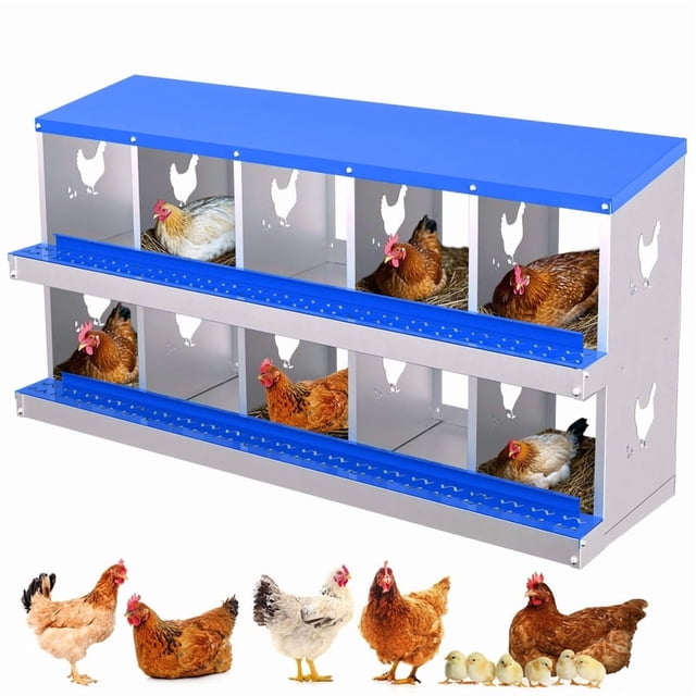 Chicken Nesting Box, 10 Compartment Metal Nesting Boxes for Chicken Coop, Roll Away Nest Box, Easy Egg Collection, Easy to Clean and Install, Chicken Laying Boxes, Blue