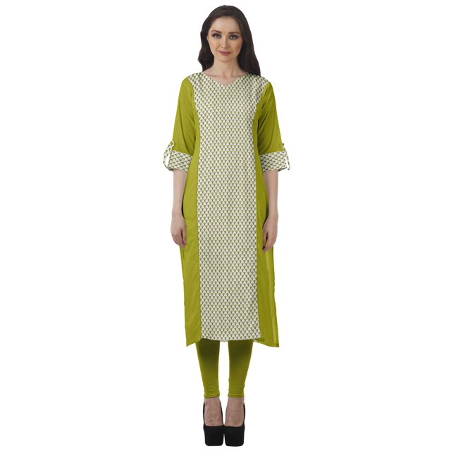 Moomaya Tunique Droite à Col en V pour Femmes, Manches Roulées, Kurta en Coton Imprimé