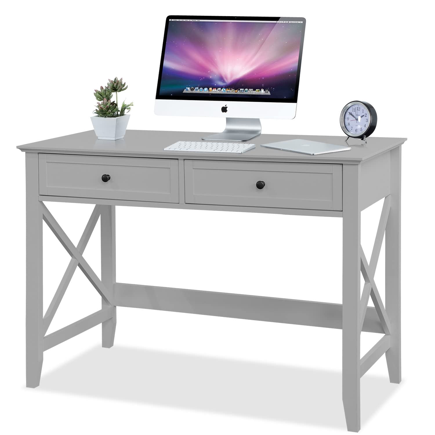 Lewahom Computer Desk with 2 Drawers, Elegant Home Office Writing Study Desk with Storage, Modern Simple Vanity Desk Console Table for Living Room, Grey