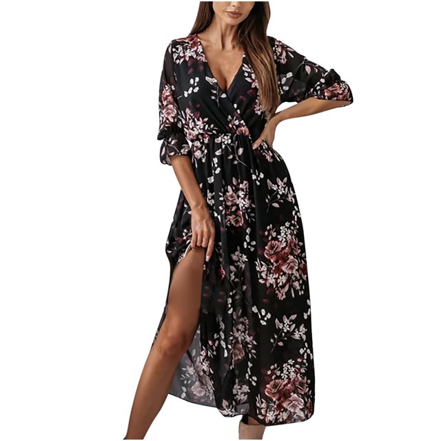 XZNGL Robe Maxi à Manches Longues pour Femmes Mode pour Femmes Bohème Col en V Ample Demi-Manche Ligne A Imprimé Floral Longue Robe Maxi Longue Robe Maxi pour Femmes Robe Maxi Florale pour Femmes