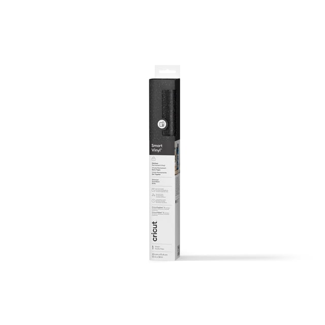 Cricut® Smart Vinyl™ Vinyle Permanent Scintillant Sans Tapis (3 Pi), Rouleau Noir dans un Emballage vertical Montrant un Vinyle Noir Scintillant Texturé avec des Mouchetures Blanches, Format 13 Po par 36 Po, compatible avec les machines Cricut Explore 3 et Maker 3, Conçu pour une Coupe Sans Tapis Facile et des Décalcomanies Intérieures Durables.