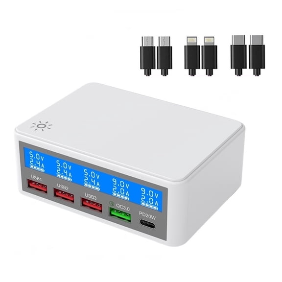 65W Multi 4 Port USB Fast Charging Station,Quick Charge QC3.0 PD 20W Wall Charger Hub With LCD For Phone Tablet ,Multi-Device Charger