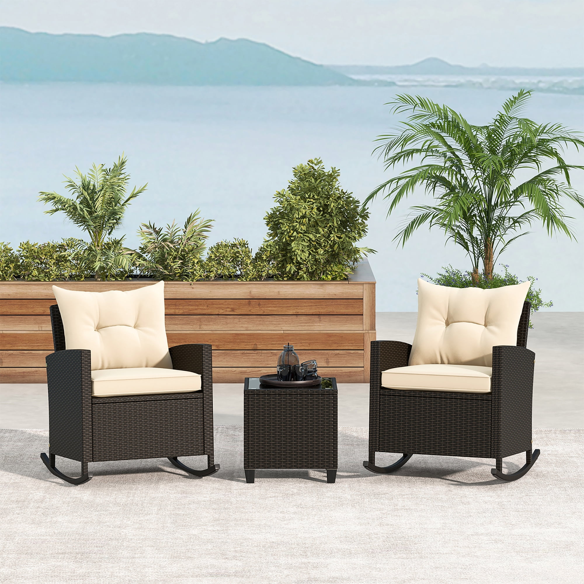 Gymax 3 Piece Outdoor Rocking Set Rattan Rocking Chair Set w/ Tempered Glass Table Seat