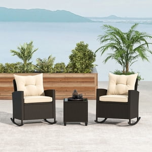 Gymax 3 Pièce Outdoor Rocking Set Rattan Rocking Chair Set avec siège de table en verre trempé