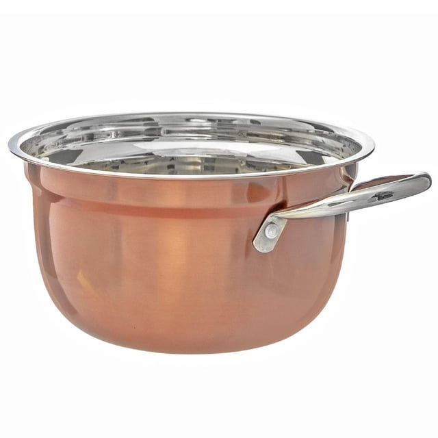 German Bowl With Handle in metallic rose stainless steel with polished silver interior and a single long handle, measuring 14.13 L × 11.77 W × 6.5 H inches, ideal for mixing and cooking in the kitchen and suitable as a versatile kitchen accessory.