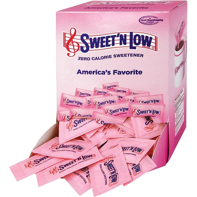 Sweetener Packets, Sweet'N Low, Box of 400 Packets in a pink box featuring the Sweet'N Low logo and branding. The box is open, revealing individual pink packets labeled as zero-calorie sweetener. Ideal for sugar substitution in beverages, desserts, and baking recipes.