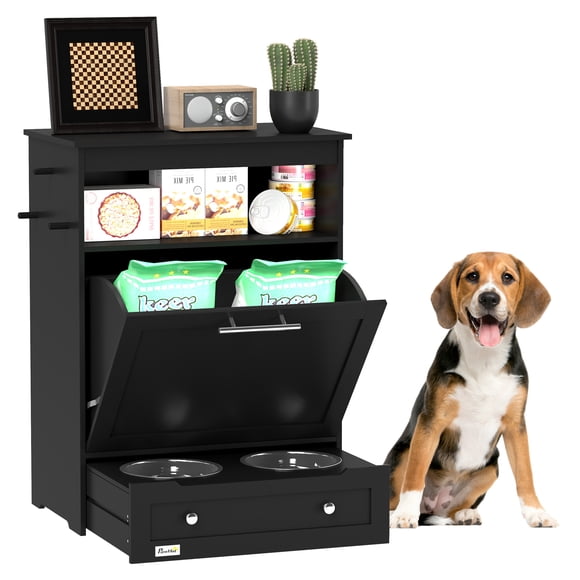 PawHut Pet Feeder Station Storage Cabinet, Storage Container, Black