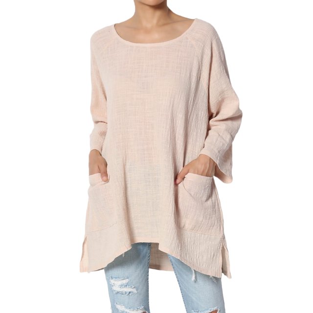 Tunique Ample à Manches 3/4 en Coton Gaze Froissée pour Femmes Grande Taille