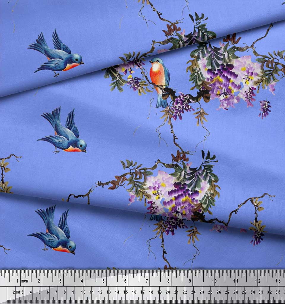 Soimoi Blue Silk Fabric Floral & Flowerpecker Bird Decor Fabric Printed BTY 44 Inch Wide