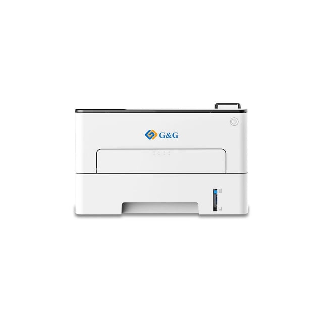 G&G P4100DW wireless duplex laser printer in white with a compact rectangular design, front-facing view showing the paper output tray, USB 3.0 port, and G&G logo in blue and orange on the front panel, suitable for home office and small workgroups printing up to 4,500 pages monthly.