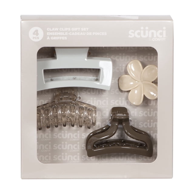 Scunci 4 piece Neutral Claw Gift Set with four assorted hair claw clips in neutral shades of white, transparent, beige flower shape, and dark brown, displayed in a beige gift box with a clear window, ideal for all hair types with mixed sizes and trendy shapes, also suitable for organizing cables or small items.