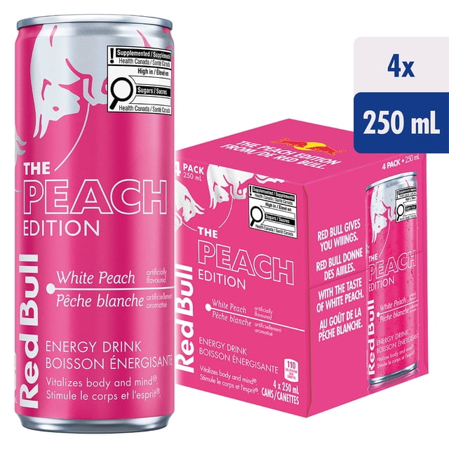 Red Bull Boisson Énergisante à la Pêche Blanche 250 ml Canette et Boîte de 4 en Emballage Rose avec Texte Blanc et logo Red Bull, Étiquetée l'Édition Pêche avec Saveur de Pêche Blanche, Contenant de la Caféine et des Sucres pour Revitaliser le Corps et l'Esprit, Convient à un Regain d'Énergie Rafraîchissant.