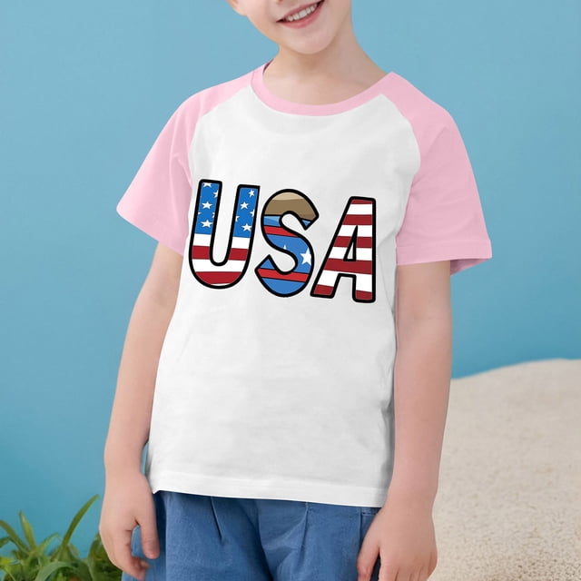 MKOSPLRT Chandails USA Tout-Petits Chandails Drapeau Américain Manches Courtes T-Shirts Raglan à Blocs de Couleur Col Rond T-Shirts Jour de l'Indépendance Chandails de Rentrée