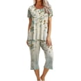 thumbnail image 1 of PEZHADA Ensembles 2 Pcs pour Femmes Ensembles Assortis de Détente Deux Pièces Pantalons en Lin Col Ras du Cou Manches Courtes Hauts Vêtements de Détente Pyjamas Vêtements Tendance Ensemble de Vacances d'Été Vert, 1 of 6