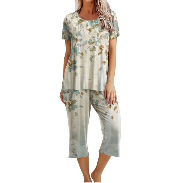 PEZHADA Ensembles 2 Pcs pour Femmes Ensembles Assortis de Détente Deux Pièces Pantalons en Lin Col Ras du Cou Manches Courtes Hauts Vêtements de Détente Pyjamas Vêtements Tendance Ensemble de Vacances d'Été Vert