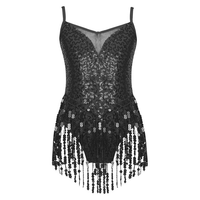 TSSOE Robe de Danse Latine à Franges et Sequins pour Filles Justaucorps Patinage Artistique Tango Rumba Samba Costume de Danse Noir 14