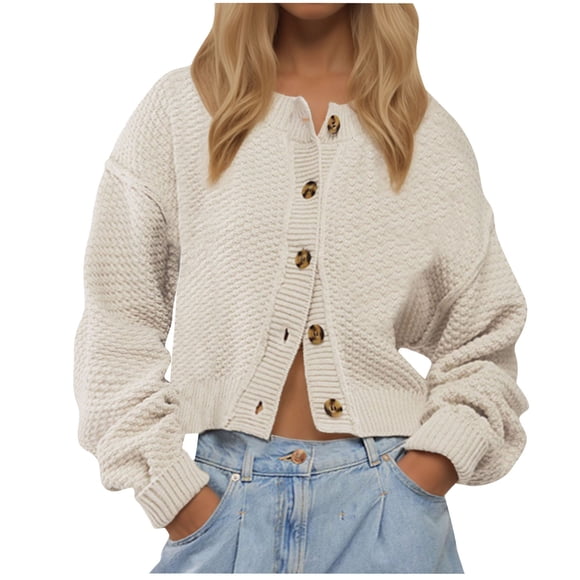 AherBiu Cropped Cardigan for Women Cable Knit Button down Sweater Fall Trendy Casual Long Sleeve Outerwear