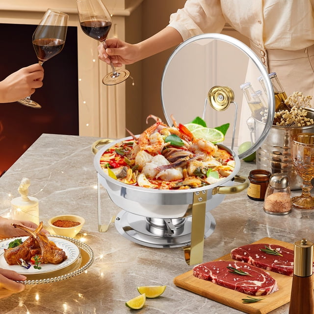 GloryStar Ensemble de 2 Plats Anti-Frottement pour Buffet, Plats Ronds de 5 Qt pour Buffet avec Support de Couvercle et Couvercle en Verre, Ensembles de Réchauds et Réchauds de Buffet en Acier Inoxydable pour Fêtes, Mariage, Camping, Souper