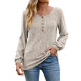 thumbnail image 1 of CEHVOM Women's Round Neck Stripe Matte Solid Color Button Splicing Long Sleeved T-shirt Top Clearance, 1 of 4