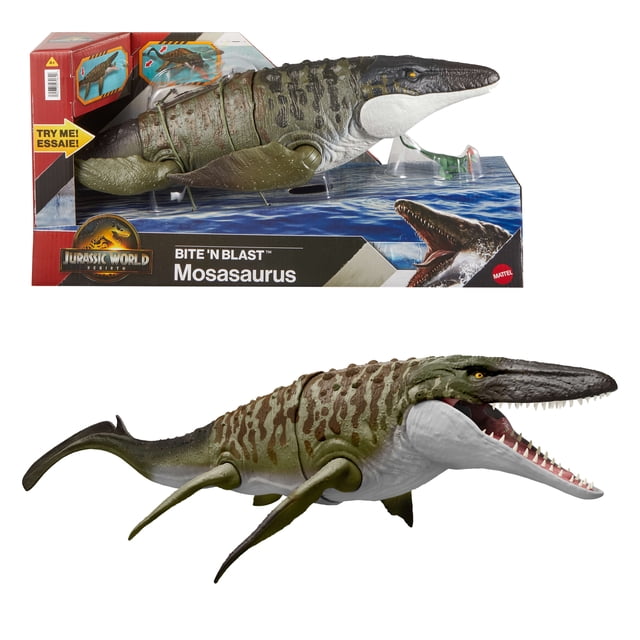 Jurassic World Rebirth Bite N Blast Mosasaurus Action Figure et Mini Dilophosaurus, Jouet dinosaure