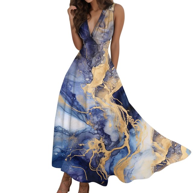 TJAZFJPA Longues Robes Formelles pour Femmes Robes d'Été Robe de Travail Sans Manches Manches Courtes Imprimé Col en V Robe Décontractée pour Femmes Robe Maxi Grande Taille Robes en Lin Robe de Fée Femmes