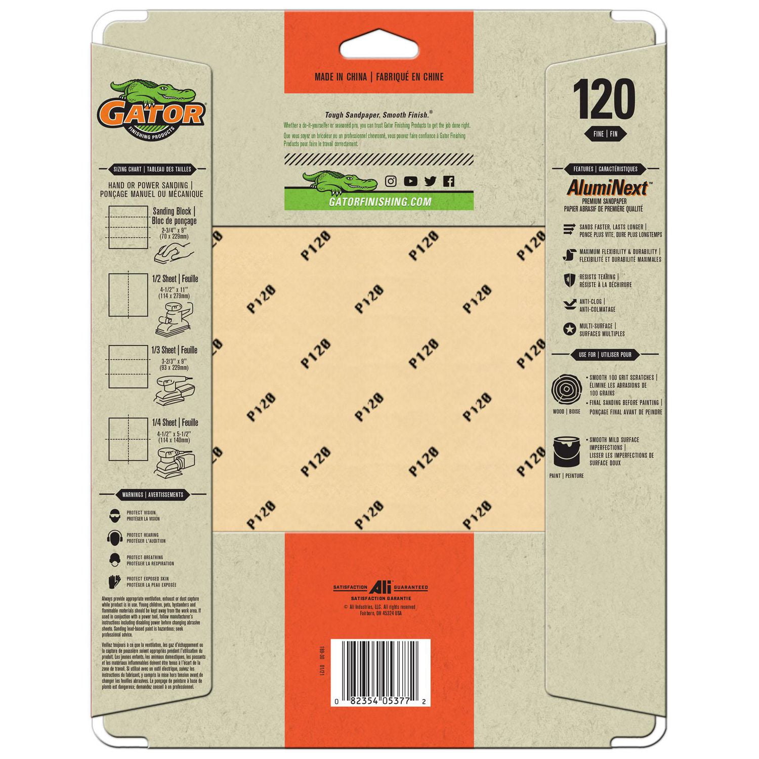 Gator 120 Grit Sandpaper Sheets, Fine, 9 x 11 in, Premium Multi-Surface Sanding Paper, 3 Pack