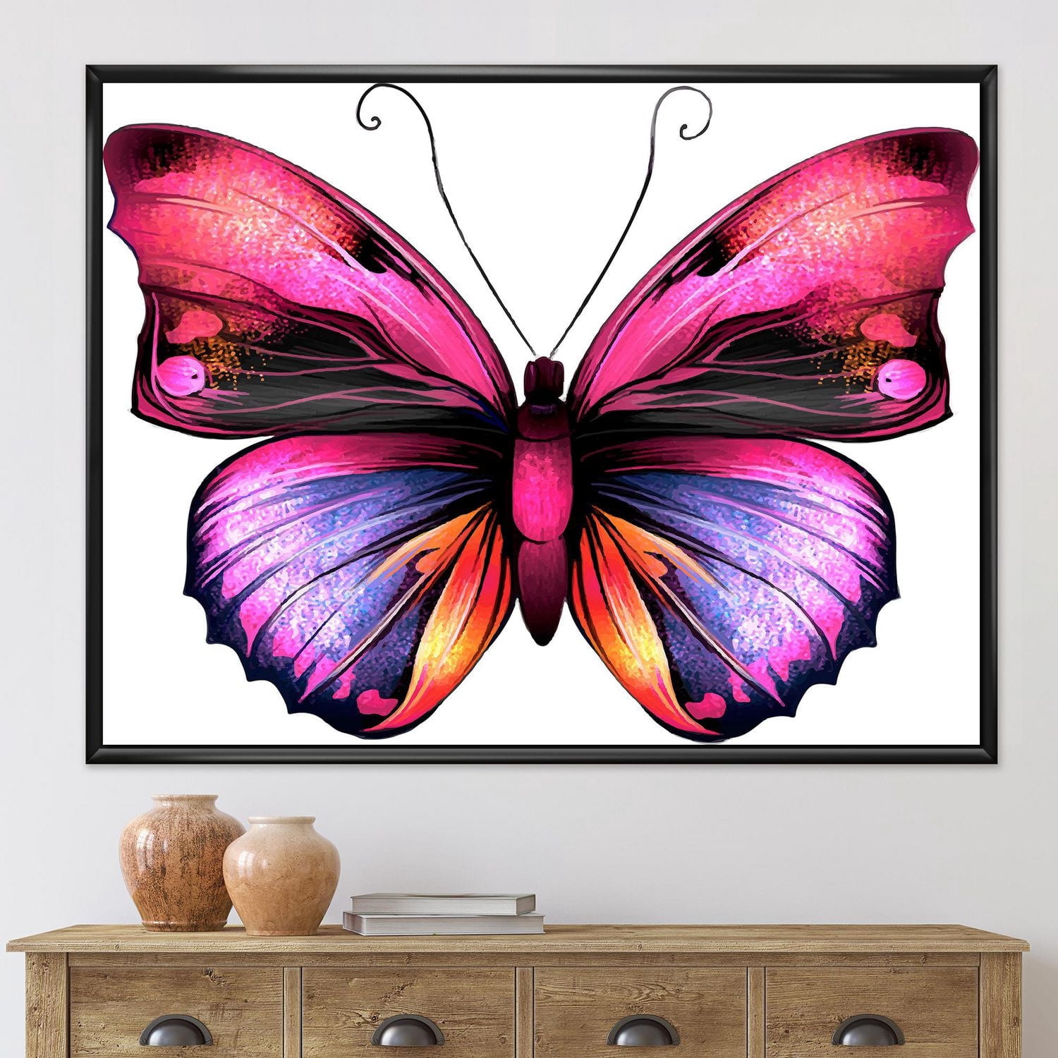 Designart Portrait de papillon rose vif ART MURAL À CADRE FLOTT