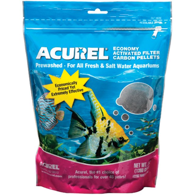 Acurel Economy Activated Filter Carbon Pellets, 3-pound bag for fresh and saltwater aquariums. The resealable blue packaging displays colorful fish illustrations and emphasizes its prewashed, effective carbon pellets for aquarium filter media, absorbing toxic waste and preventing harmful gas buildup.