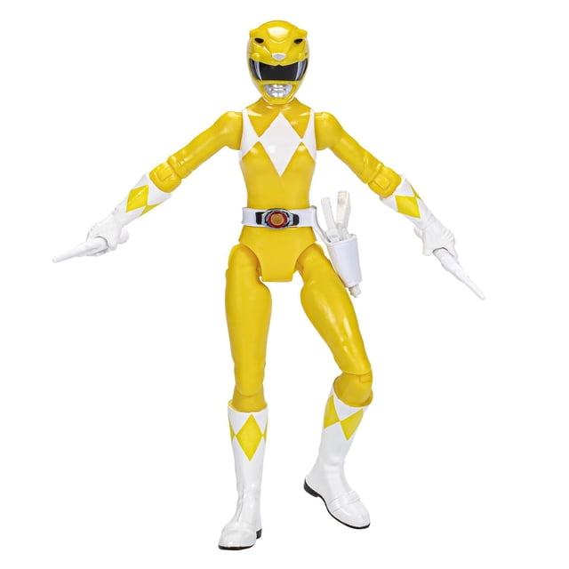 Power Rangers Mighty Morphin Yellow Ranger 6-Inch Action Figure Toy by Hasbro, featuring the Yellow Ranger in a yellow and white suit with diamond patterns, holding two white weapons and a Sabertooth Tiger coin accessory on the belt, posed on a white background, ideal for fans and collectors over 4 years old.