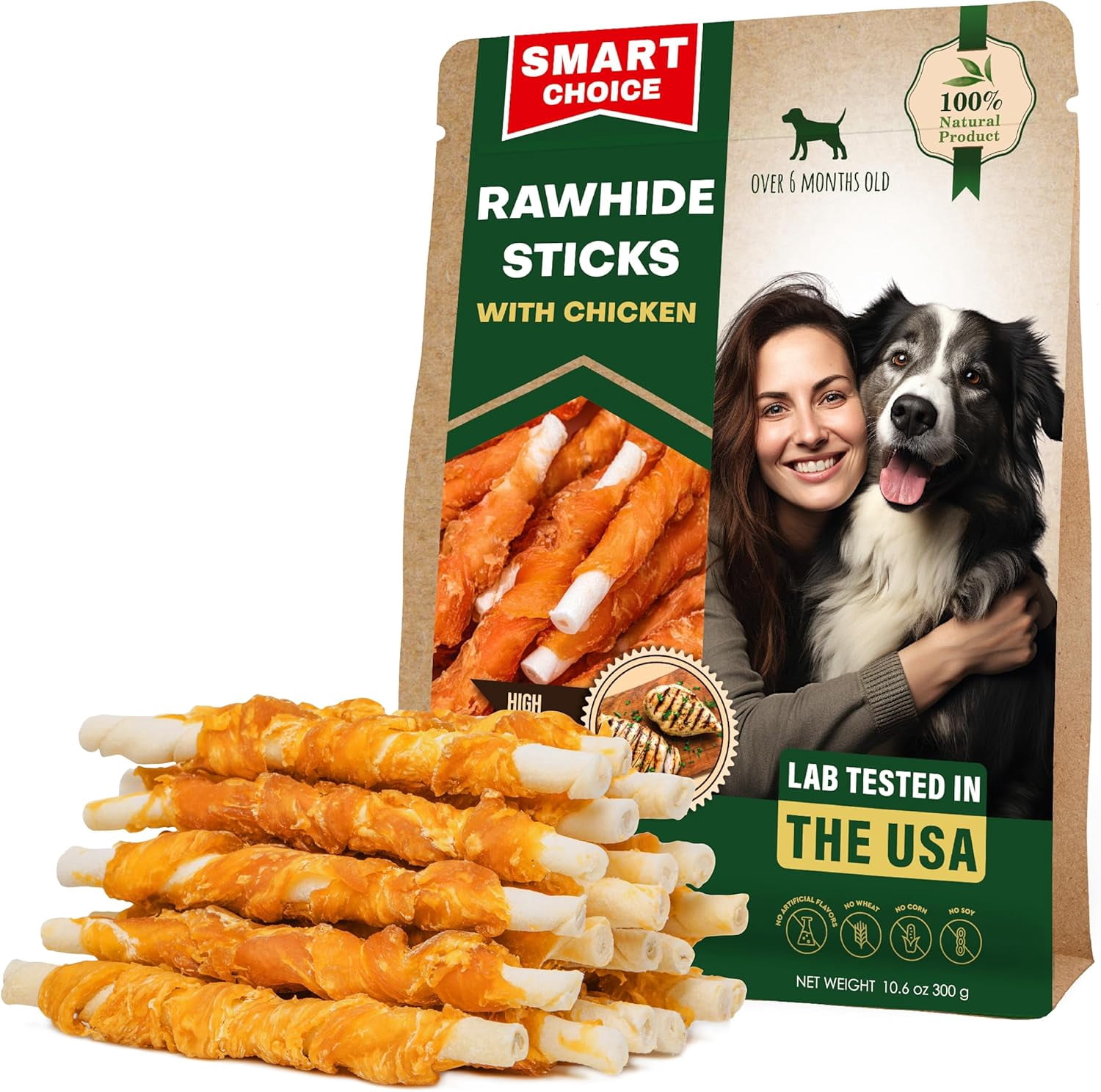 Dog Rawhide Sticks Wrapped with Chicken & Pet Natural Chew Treats - Grain Free Organic Meat & Human Grade Dried Snacks in Bulk - Best Twists for Training Small & Large Dogs - Made for USA