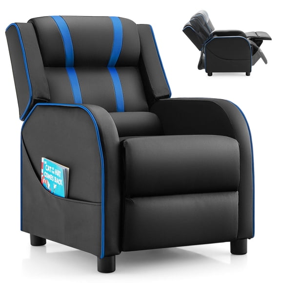 Gymax Kids Recliner Chair Ergonomic Leather Sofa Armchair w/Footrest Side Pocket Blue