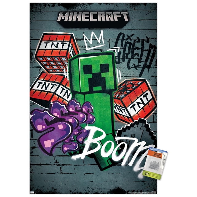 Minecraft - Affiche Murale « Creeper don't Enter », 22,375 Po x 34 Po Présentant un Creeper Vert Centré avec un Visage Noir Pixélisé, Entouré de Blocs TNT Rouges Étiquetés « TNT » et d'Un Texte Violet et Blanc Style Graffiti sur un Fond de Mur de Briques Gris, Imprimé sur du Papier d'Affiche Lustré, Convient à la Décoration Murale de Chambre Ou de Bureau.