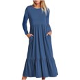 thumbnail image 1 of cfhntfmh Robes Maxi pour Femmes Décontractées d'Automne à Col Rond à Manches Longues Robe Fluide Mode Plissée à Étages Robe Trapèze avec Poches, 1 of 4
