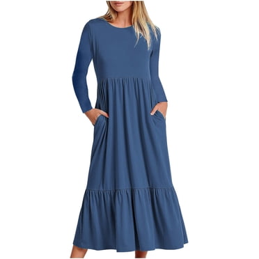 cfhntfmh Maxi Dresses for Women Casual Fall Crewneck Long Sleeve Flowy Dress Fashion Pleated Tiered A-Line Dress with Pockets