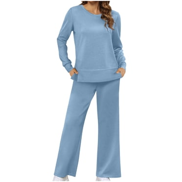 Pisexur 2 Piece Outfits for Women Fashion Casual Lounge Set Solid Color Oversized Sweatsuit Set Round Neck Long Sleeve Sweathirts Pullover Tops Loose Long Pants Track Suits