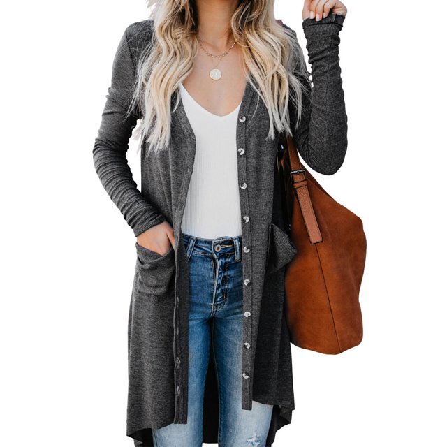 Women's Light Gray/Gray/Khaki/Apricot/Red Selected Button Down Pocketed High Low Cardigan