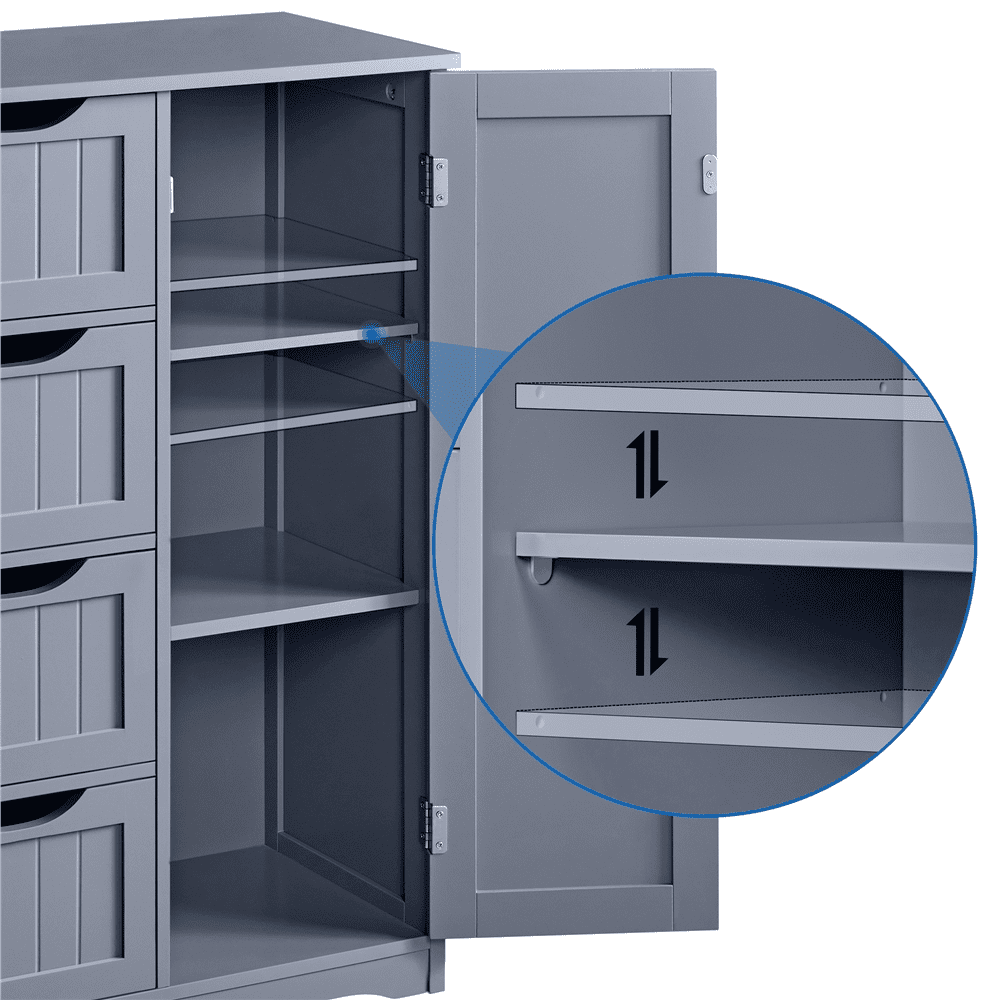 FullFurnique Modern Wooden Bathroom Floor Cabinet with 4 Drawers & Cupboard, Gray