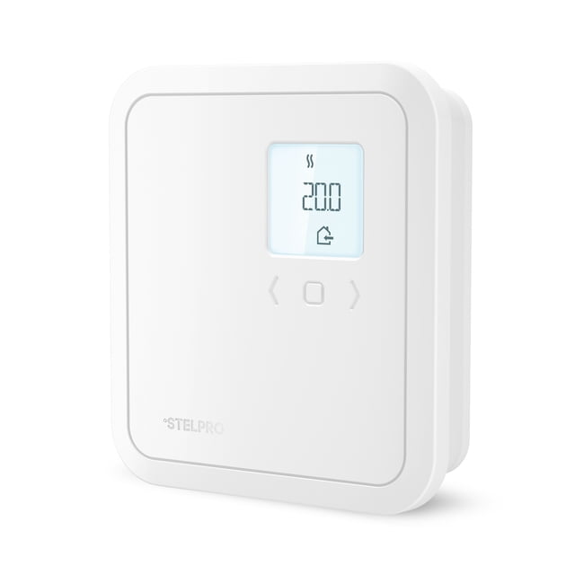 Stelpro White ST Programmable Electronic Thermostat designed for baseboards and convectors. The thermostat features a sleek white design with a digital display showing a temperature of 20.0°C. It offers 5/2 day programming for separate weekday and weekend settings, precise temperature control within ±0.5°C increments, and a wide adjustable range from 5°C to 30°C. The compact unit includes navigation buttons below the display for easy operation and is suitable for optimizing home heating and energy efficiency.