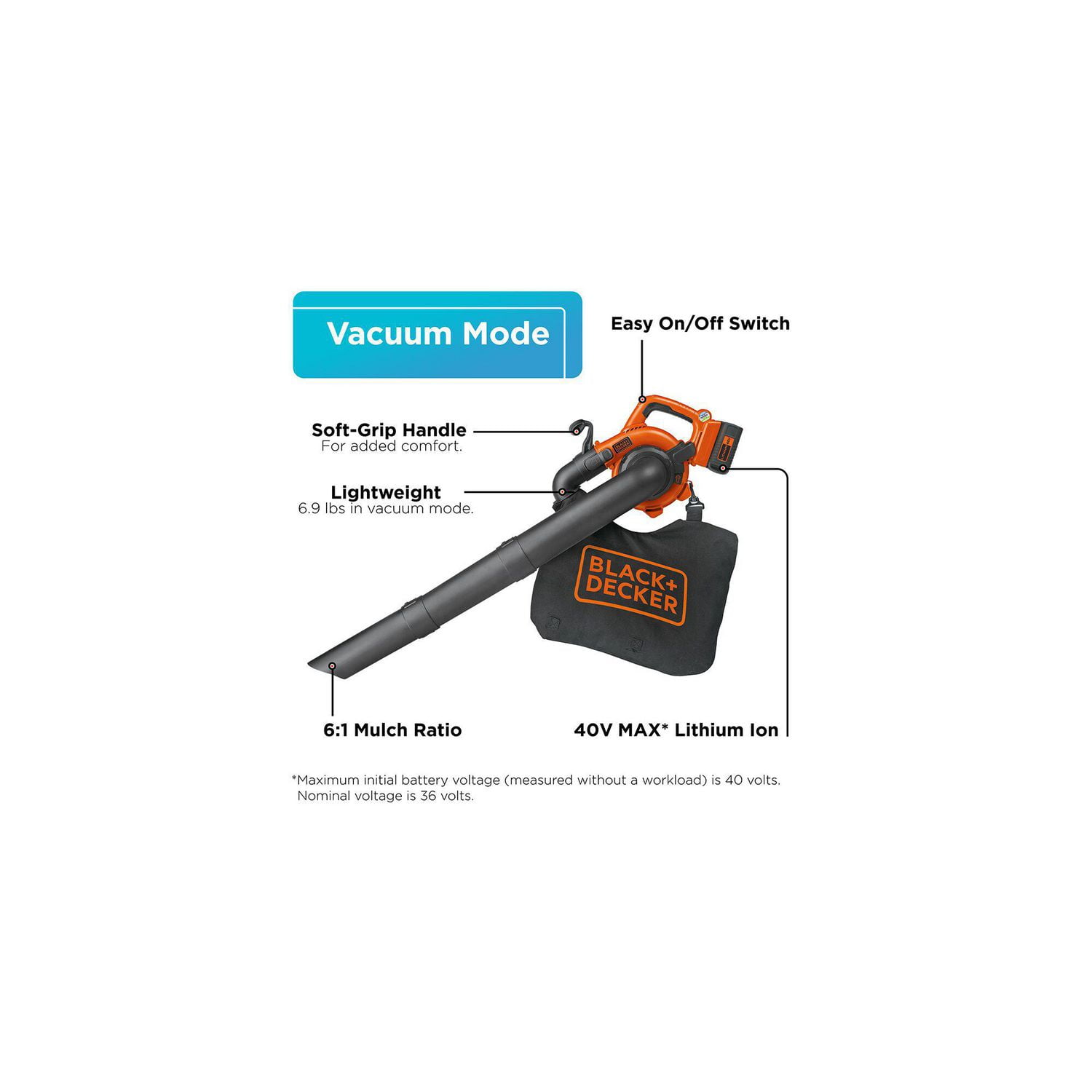 BLACK+DECKER Kit de souffleur-aspirateur à main sans fil 40 V MAX* comprenant une batterie de 1,5 Ah et un chargeur