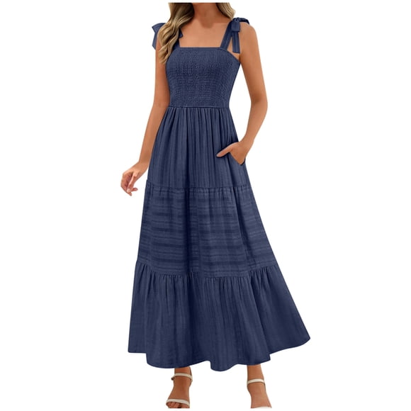 Lenpel Women's Summer Dresses Mesh Spaghetti Strap Tie Shoulder Square Neck Pleated Tiered Midi Dress Flowy Casual Dresses
