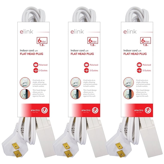 Elink Ensemble de 3 Rallonges Électriques avec Fiche à Tête Plate, Dotées de 3 Prises et d'Une Longueur de 6 Pieds (1,8 m) en Blanc. Conçues pour une Utilisation Intérieure, les Rallonges Ont une Fiche à Tête Plate Mince et Polarisée Qui Permet de Placer les Meubles Près du Mur. Idéal pour les Installations à la Maison Ou au Bureau, Emballées Verticalement avec une Image de Marque visible et des Détails du Produit.