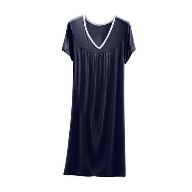 LOVZFMLL Robes pour Femmes Robe T-Shirt Maxi à Manches Courtes Chemise de Nuit de Couleur Bleu Marine Uni avec Encolure en V et Garniture Blanche. Fabriquée en Tissu polyester Doux, Cette Chemise de Nuit Ample et Confortable Est Conçue pour des Tenues de Détente Décontractées Ou des Vêtements de Nuit. le design à Manches Courtes et la Coupe Décontractée la Rendent Adaptée au Port Quotidien pendant les Saisons d'Automne et d'Hiver. Offerte en Tailles plus.