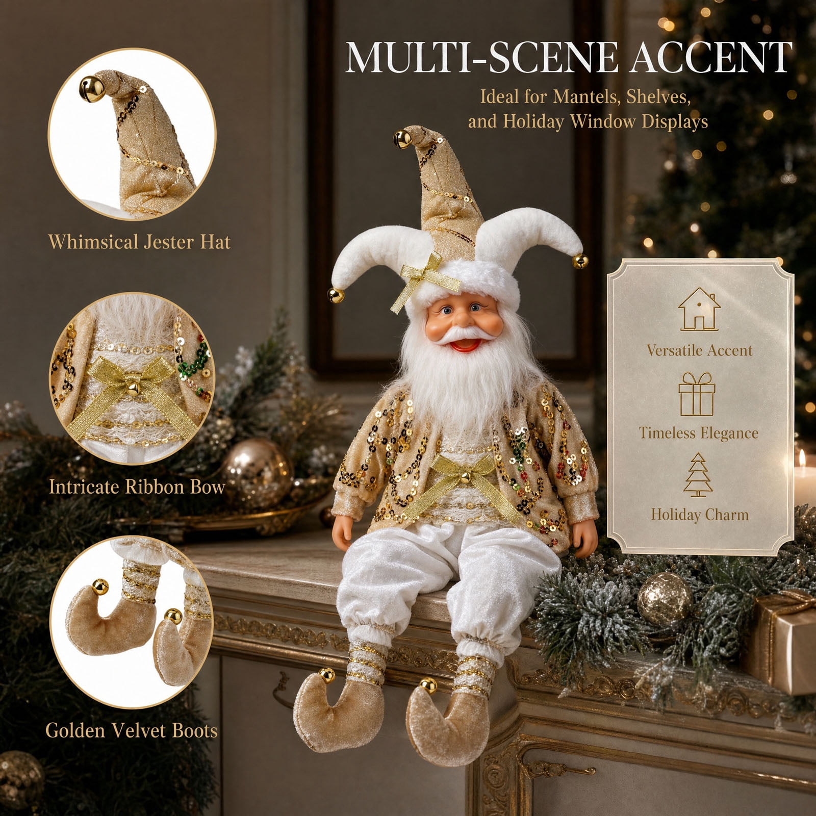 Santa Items Sitting Santa Figurine, Cloth Santa Doll with Sequin Outfit Jingle ...